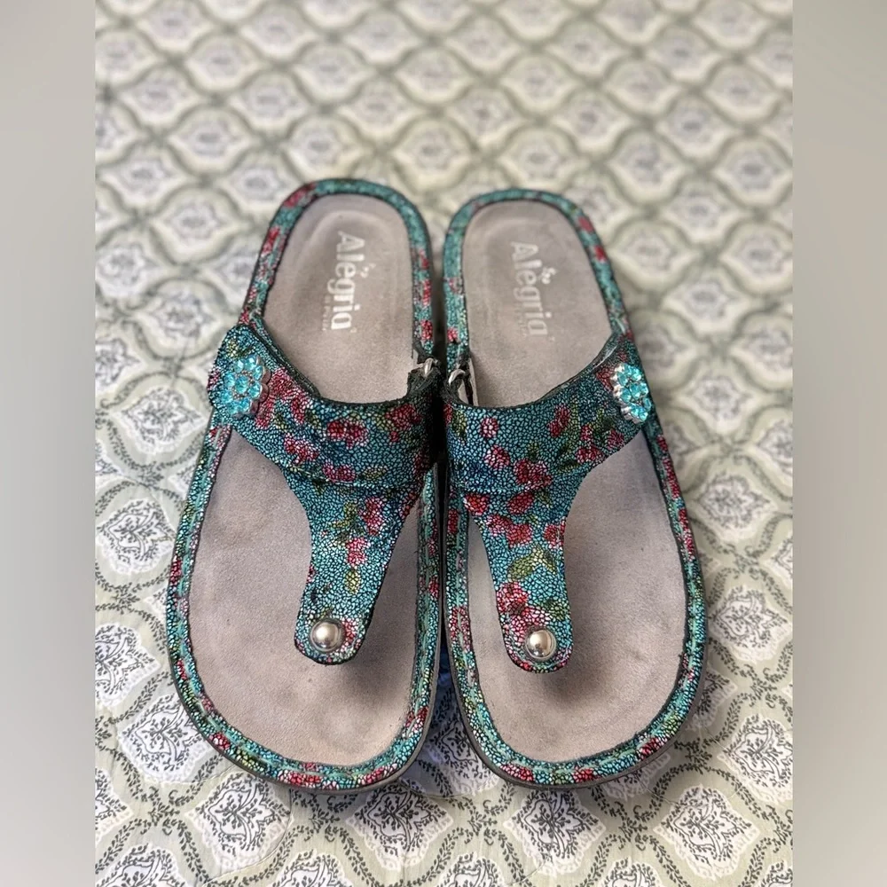 Alegria Carina‎ Aqua Floral Leather Wedge Sandals Women’s Size 39 EU 8.5 US
